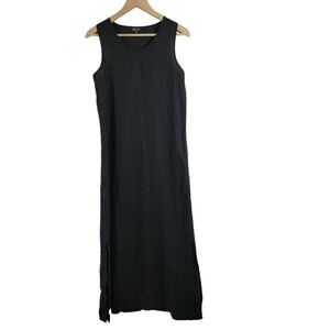 VTG LBISSE Black Sleeveless 100% Linen Midi Dress Small Side Slit Minimalist